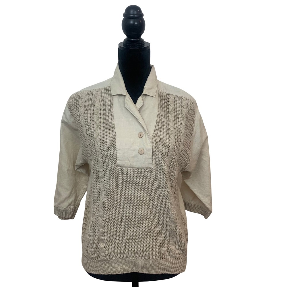 Lindsey Blake Vintage Women's Top S Beige Cotton Classic Cable Knit Collared